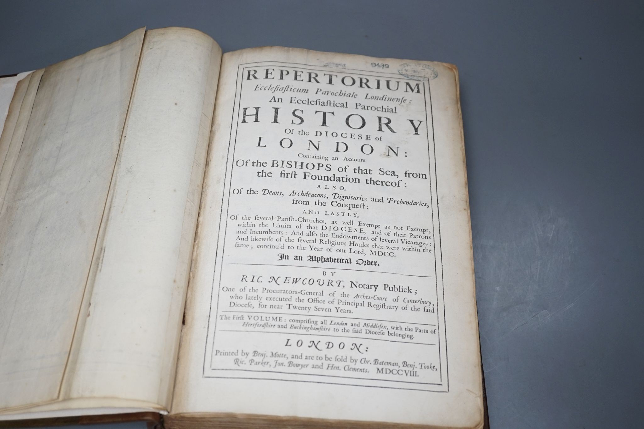 Newcourt, (Richard) - Repertorium Ecclesiasticum Parochiale Londinense; an ccclesiastical parochial history of the Diocese of London ... vol. 1 (only, of 2). portrait frontis., folded map and four engraved plates (3 d-pa